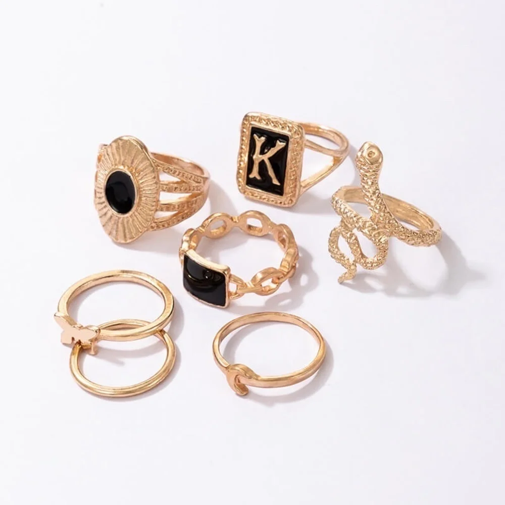 *EZLYNN* 7-Pc Gold x Black Snake Unique Fashion Ring Set